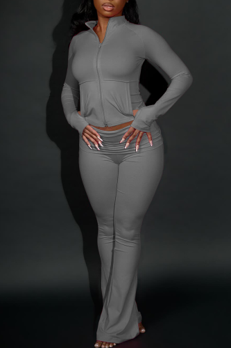 Grey Casual Solid Color Zipper Zipper Collar Long Sleeve Two Pieces