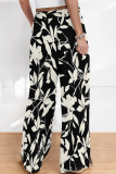 Black And White Casual Print Draw String Loose Mid Waist Conventional Full Print Bottoms