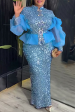 Light Blue Elegant Solid Color Sequins Mesh Mandarin Collar Plus Size Two Pieces