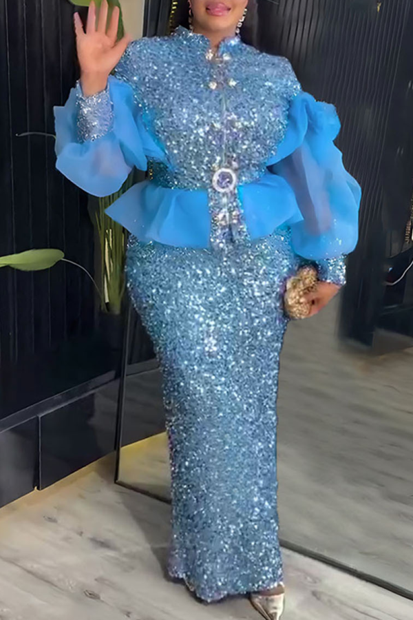 Light Blue Elegant Solid Color Sequins Mesh Mandarin Collar Plus Size Two Pieces