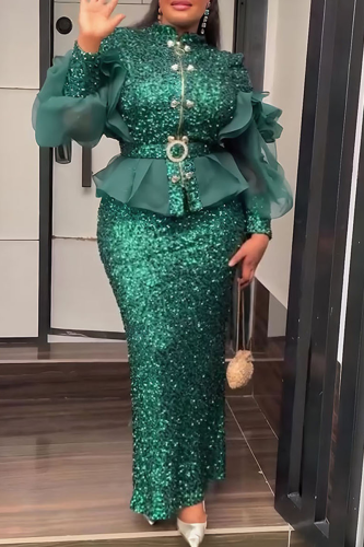 Green Elegant Solid Color Sequins Mesh Mandarin Collar Plus Size Two Pieces