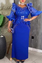 Blue Elegant Solid Color Beading With Belt Flounce V Neck Long Plus Size Dresses
