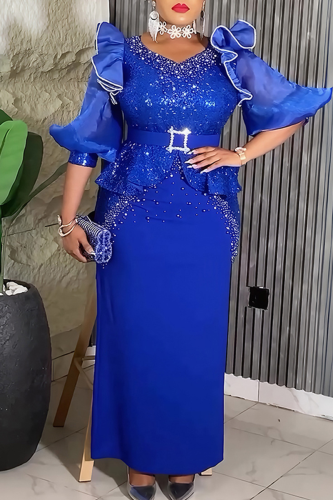 Blue Elegant Solid Color Beading With Belt Flounce V Neck Long Plus Size Dresses