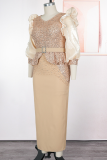 Rose Red Elegant Solid Color Beading With Belt Flounce V Neck Long Plus Size Dresses