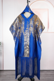 Blue Elegant Bronzing Pattern Fringed Trim V Neck Long Dresses