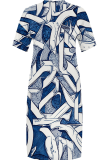 Blue Casual Print Pocket V Neck Long Plus Size Dresses
