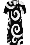 Black And White Casual Print Pocket V Neck Long Plus Size Dresses