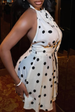 White Sexy Polka Dot Backless O Neck Sleeveless Dresses