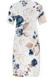 White Casual Print Pocket V Neck Long Plus Size Dresses