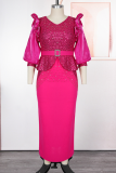 Rose Red Elegant Solid Color Beading With Belt Flounce V Neck Long Plus Size Dresses