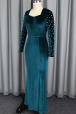 Peacock Blue Elegant Solid Color Slit Beading Square Neck Evening Dresses