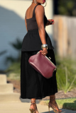 Black Casual Solid Color Mesh Loose Wide Leg Patchwork Bottoms