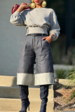 Grey Casual Solid Color Buttons O Neck Tops