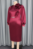 Burgundy Elegant Solid Color Flower Shape O Neck Wrapped Skirt Dresses