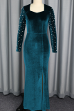 Peacock Blue Elegant Solid Color Slit Beading Square Neck Evening Dresses