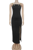 Black Sexy Solid Color High Slit Spaghetti Strap Long Dresses