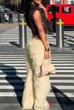 Pink Casual Solid Color Fluffy Straight Mid Waist Conventional Patchwork Bottoms