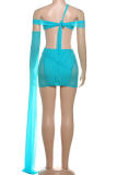 Blue Sexy Solid Color Hollow Out Asymmetrical Collar Wrapped Skirt Dresses