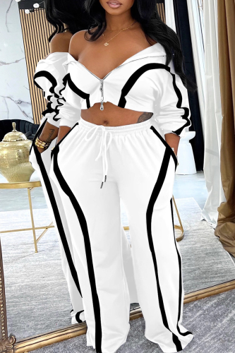 White Casual Stripe Contrast Turndown Collar Long Sleeve Two Pieces