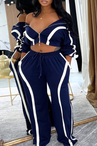Blue Casual Stripe Contrast Turndown Collar Long Sleeve Two Pieces
