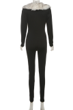 Black Casual Solid Color Fluffy V Neck Skinny Jumpsuits