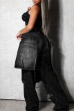 Blue Casual Solid Color Ripped Loose Denim Jeans