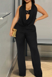 Black Sexy Solid Color Patchwork Halter Sleeveless Two Pieces