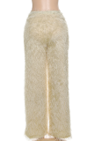 Pink Casual Solid Color Fluffy Straight Mid Waist Conventional Patchwork Bottoms