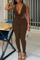 Brown Sexy Solid Color Backless Halter Sleeveless Two Pieces