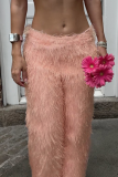 Pink Casual Solid Color Fluffy Straight Mid Waist Conventional Patchwork Bottoms