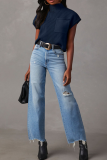 Red Casual Solid Color Pocket Half A Turtleneck Tops
