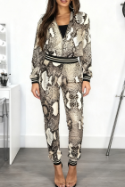 Snake Print Casual Snakeskin Print Zipper Zipper Collar Long Sleeve Two Pieces