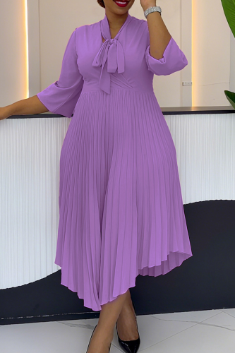 violet Elegant Solid Color Strap Design Pleated O Neck Irregular Dresses