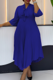 Royal Blue Elegant Solid Color Strap Design Pleated O Neck Irregular Dresses