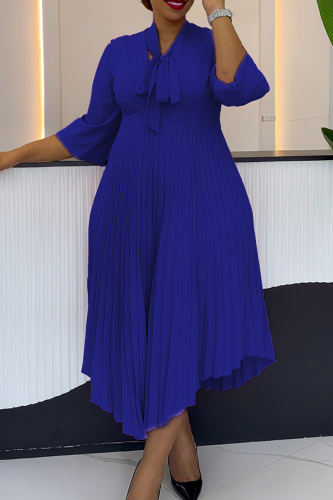 Royal Blue Elegant Solid Color Strap Design Pleated O Neck Irregular Dresses