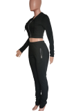 Black Casual Solid Color Zipper Hooded Long Sleeve Two Pieces