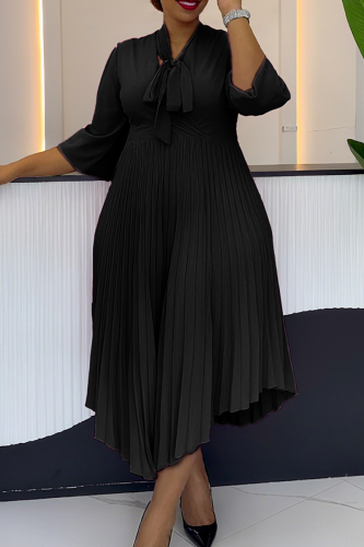 Black Elegant Solid Color Strap Design Pleated O Neck Irregular Dresses