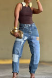 Blue Casual Solid Color Patchwork Regular Denim Jeans