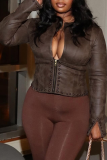Brown Casual Solid Color Rivets Zipper V Neck Outerwear