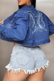 Blue Casual Butterfly Buckle Turndown Collar Long Sleeve Straight Denim Jacket