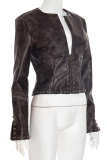 Brown Casual Solid Color Rivets Zipper V Neck Outerwear