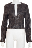 Brown Casual Solid Color Rivets Zipper V Neck Outerwear