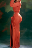 Brick Red Sexy Solid Color High Slit Turtleneck Long Dresses
