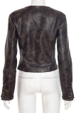 Brown Casual Solid Color Rivets Zipper V Neck Outerwear