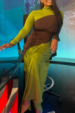 Green Elegant Solid Color Contrast Turtleneck Long Dresses