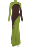 Green Elegant Solid Color Contrast Turtleneck Long Dresses