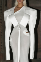 White Casual Solid Color Strap Design V Neck Outerwear