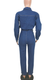 Blue Casual Solid Color Buckle Turndown Collar Regular Jumpsuits