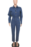 Blue Casual Solid Color Buckle Turndown Collar Regular Jumpsuits