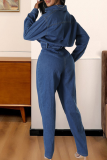 Blue Casual Solid Color Buckle Turndown Collar Regular Jumpsuits